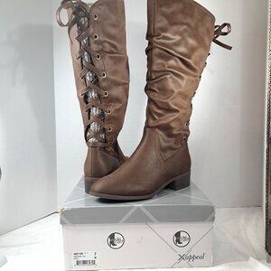 Xappeal Womens Boot sz 7 M Wide Calf Cheyenne Brown Knee High Shoes corset laced